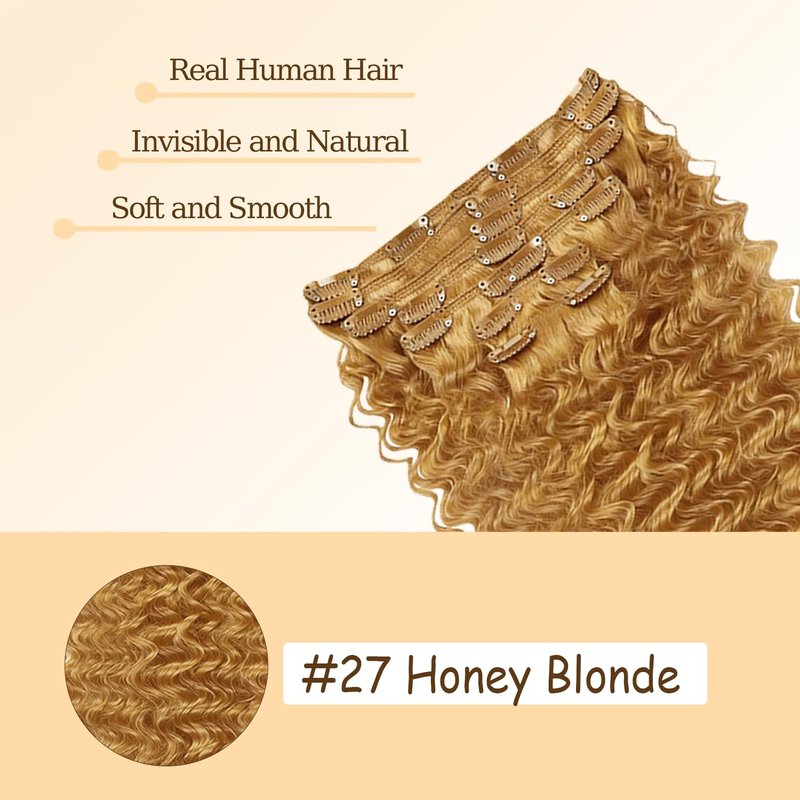 #27 Blonde Clip in Hair Extensions Real Human Hair,24 Inch 120g/7Pcs,Full Shine Remy Human Hair,Honey Blonde Deep Wave Clip ins Brazilian Virgin Human Hair Extensions