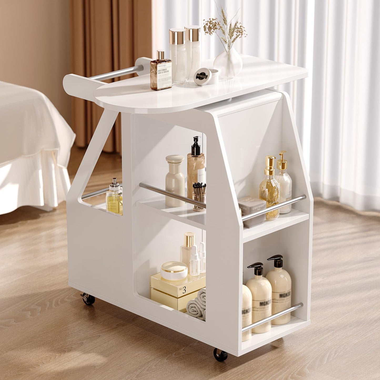 Esthetician Cart with Wheels, Salon Cart Tool Organizer, Utility Trolley with 1 Drawer, 5 Open Shelf, Side Table Mobile Storage Cabinet for Beauty Salon Spa, White
