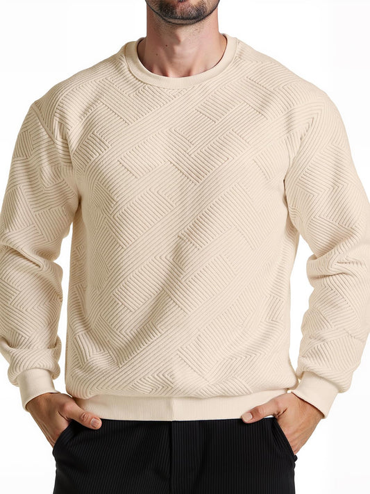 LUYIJIESHENG Men's Apricot Crewneck Long Sleeve Basic Pullover Sweatshirt Soild Color Geometric Texture Casual Crewneck Sweatshirts S