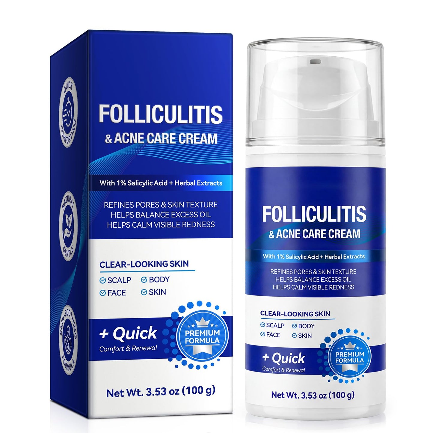 Cystic Acne & Folliculitis Care Cream for Face and Body - 1% Salicylic Acid & Multi-Acid Complex - Stubborn Spot Blemish, Pimple & Butt Breakout Clearing Control - Suitable for Sensitive Skin