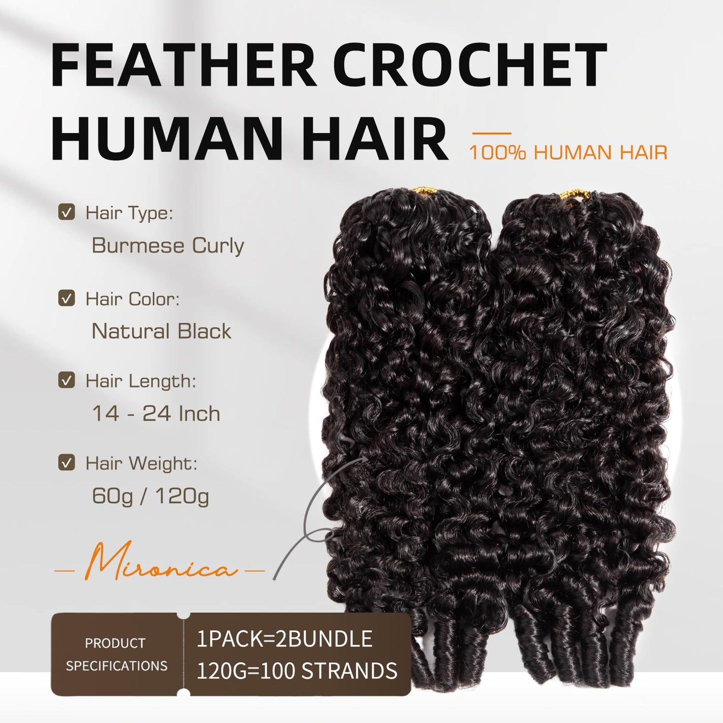Burmese Curly Human Hair Crochet Bundles - 16 Inch 120g Knotless Pre-Separated Water Curly Extensions | Natural Black Color