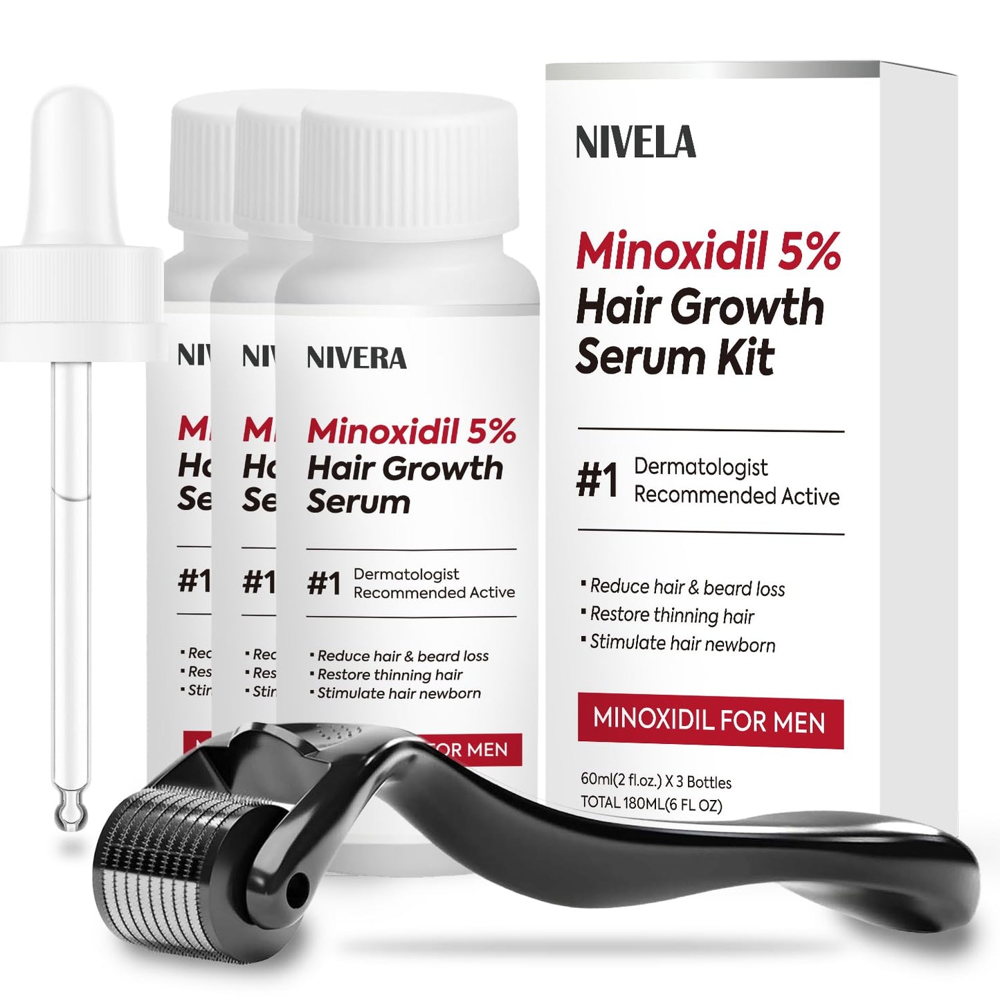 NIVELA 5% Minoxidil for Men Hair Growth: 3 x 60ml Bottles Extra Strength Beard Growth kit - Rapid Regrowth Serum for Thinning Hair Morning/Night Care