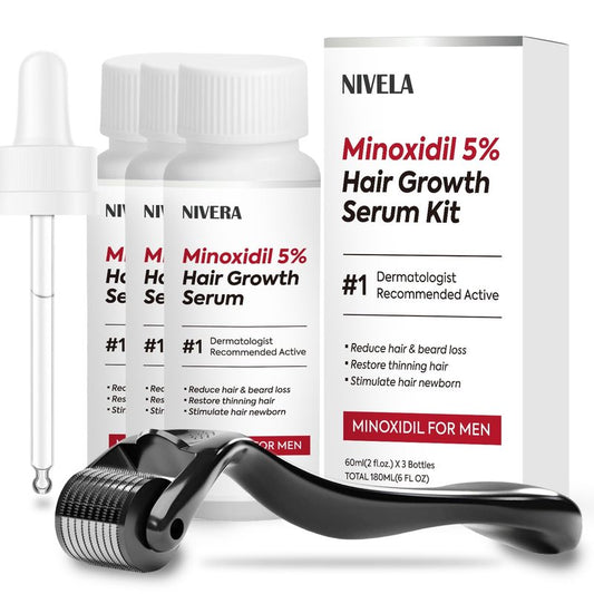 NIVELA 5% Minoxidil for Men Hair Growth: 3 x 60ml Bottles Extra Strength Beard Growth kit - Rapid Regrowth Serum for Thinning Hair Morning/Night Care
