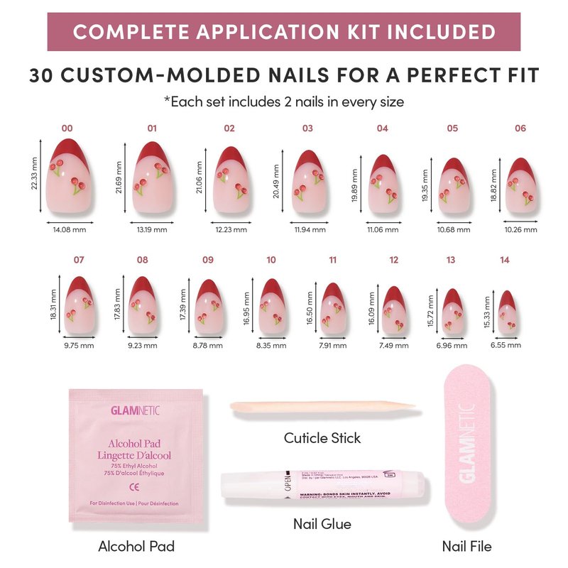 Glamnetic Press On Nails - Cherry Bomb | Short Almond Fake Nails with Glossy Red French Tips & 3D Cherry Accents on Semi-Transparent Base, Salon Quality | 15 Sizes - 30 Nail Kit with Glue