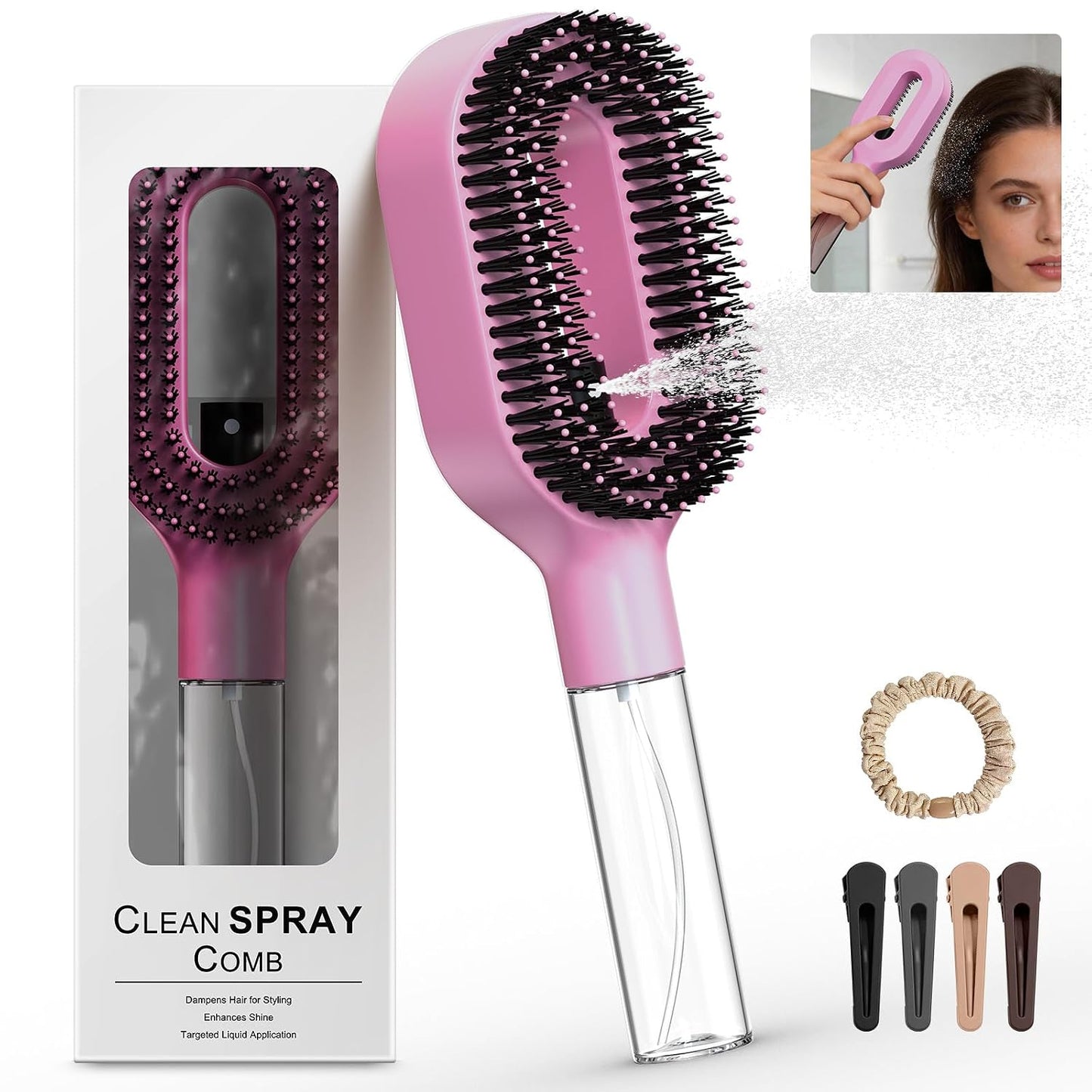 Portable Misting Hair Brush - 2-in-1 Wet & Dry Detangling Tool with Water Spray | Anti-Frizz, Suitable for All Hair Types (Pink)