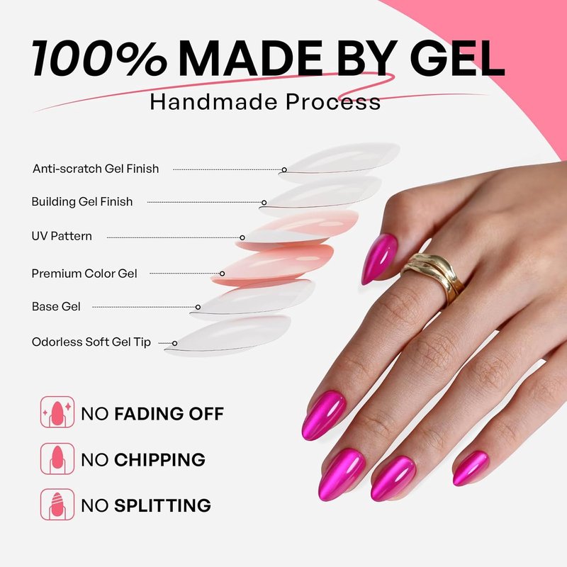 Almond Cat Eye Press-On Nails - Hot Pink Soft Gel | 32 Pcs Reusable Fuchsia Stick-On Nails, 16 Sizes Available