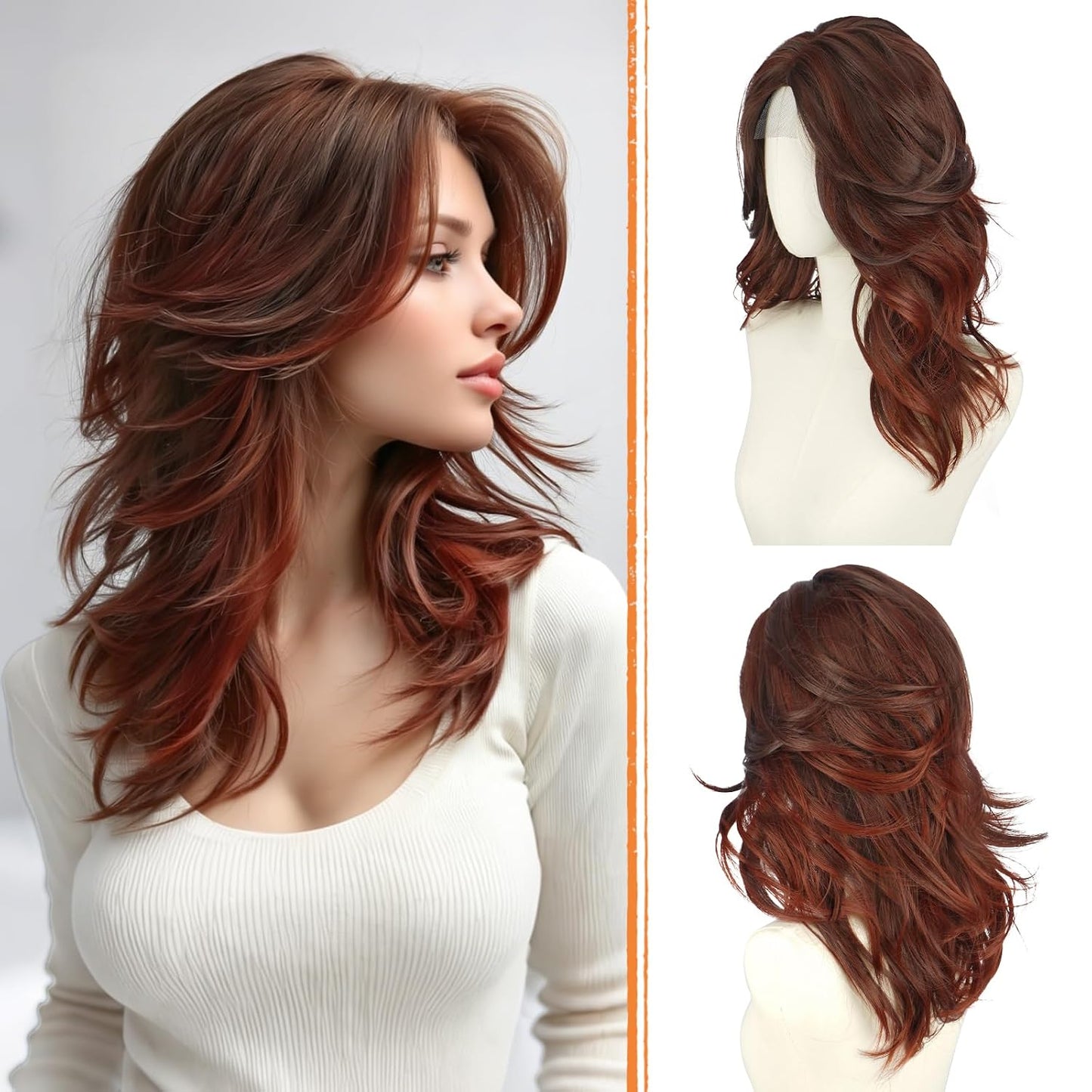 Brown Layered Wigs - Lace Front Hairline with Curtain Bangs | 20 Inch Long Wavy Synthetic Wig for Women