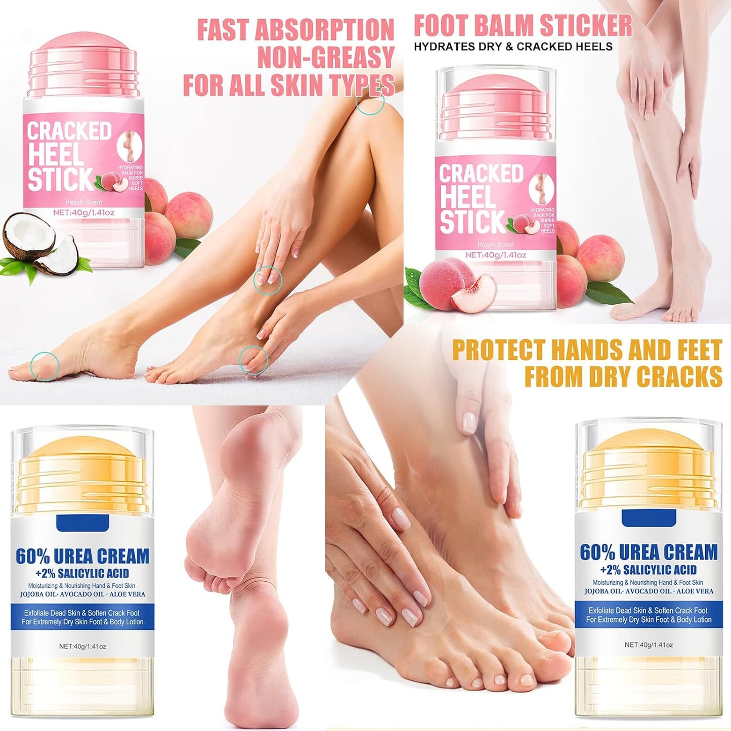 Urea Hydrating Foot Cream - 60% Moisturizing Formula for Cracked Feet & Hands | Aloe & Peach Scent, 2pcs