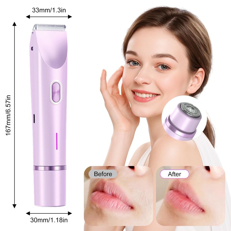 2-in-1 Bikini Trimmer for Women & Electric Razors for Women, Dual Head Design for Intimate Areas, Face, Underarms & Legs, IPX7 Waterproof Rechargeable Shaver, Portable Travel Personal Care (Purple)