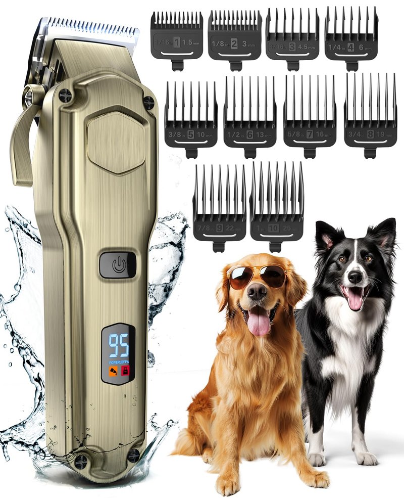 oneisall Dog Clippers for Grooming for Thick Heavy Coats/Low Noise Rechargeable Cordless Pet Shaver with Stainless Steel Blade/Waterproof Dog Shaver for Dogs Pets and Animals (Gold)