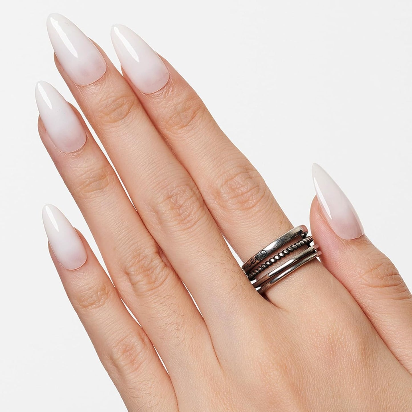 Press On Nails | Medium Almond White Ombre Gel False Nails - Reusable Short Stiletto & Oval Acrylic Manicure Set