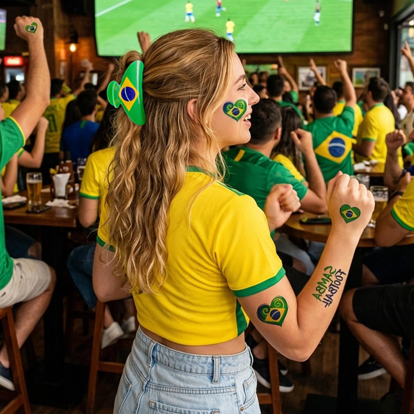 ANFONG Brazil Hair Claw Clip, World Cup 2026 Merchandise Gifts Set: World Cup Hair Accessories, Soccer Keychain & Brazil Flag Tattoos for Women Game Day Parties, Stadium Looks