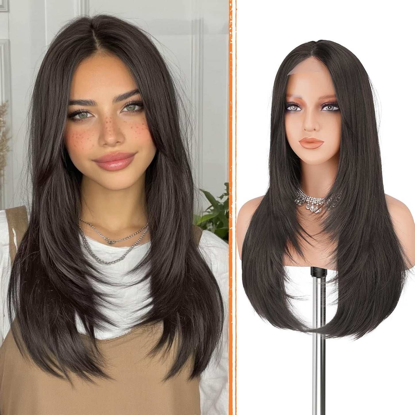 Blonde Wig with Curtain Bangs - Lace Front Long Layered Synthetic Hair for Women | 24 Inch Natural Look