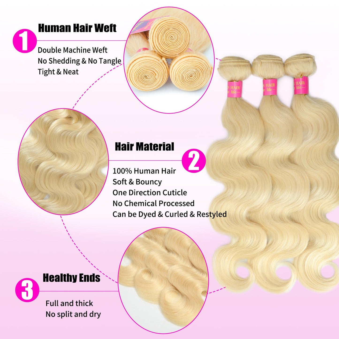 613 Body Wave Blonde Bundles Human Hair 18 20 22Inch 3 Bundles Human Blonde Hair Extensions，100% Real 14A Brazilian Virgin Raw Easy to Dye No Synthetic Blend No Tangle No Shedding 3X-Lifespan