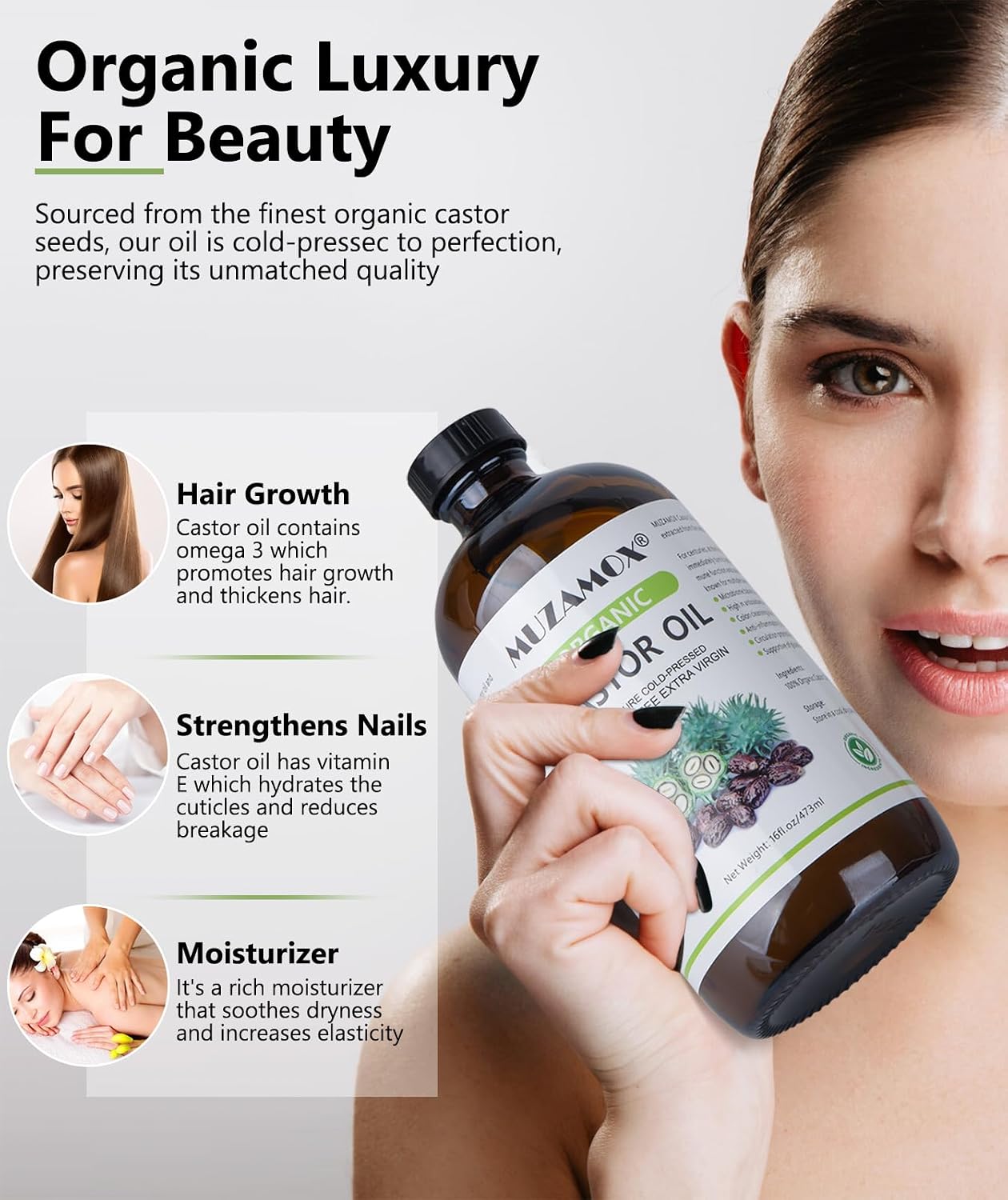 Organic Castor Oil - Cold Pressed & Unrefined | 100% Pure, Hexane-Free, 16 Fl Oz for Skin & Hair Growth