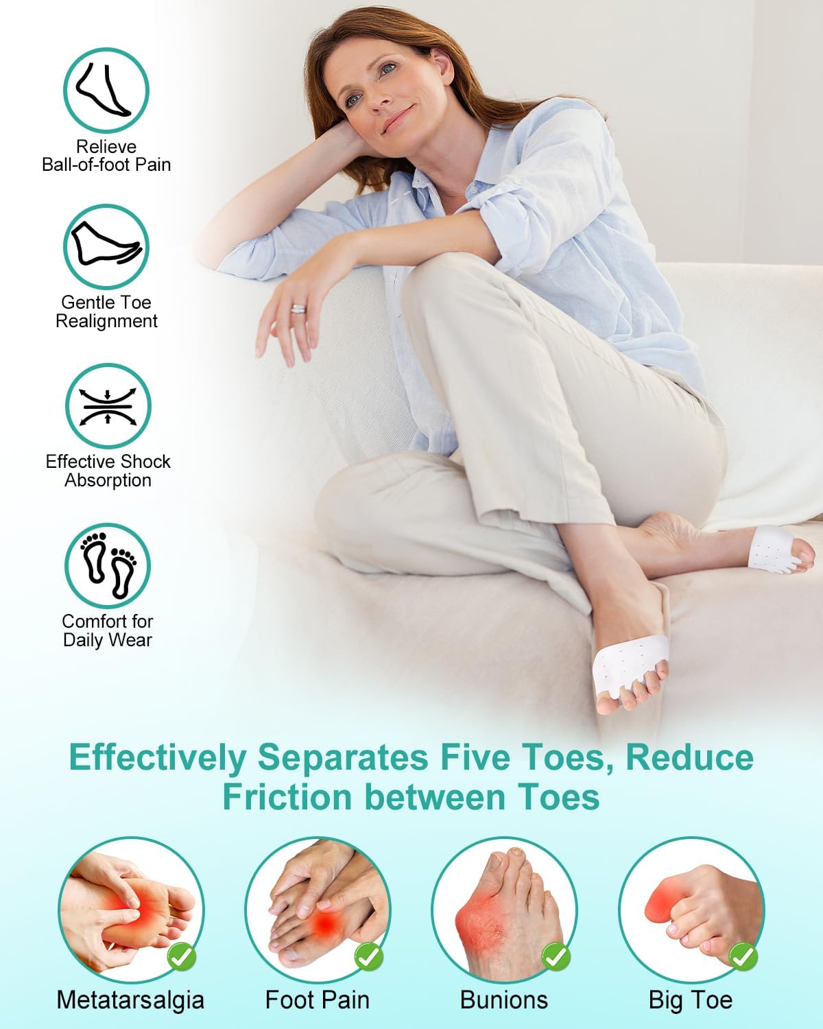 Silicone Toe Separators for Bunion Relief - Soft, Breathable Forefoot Pads | 2 Pairs for Men & Women