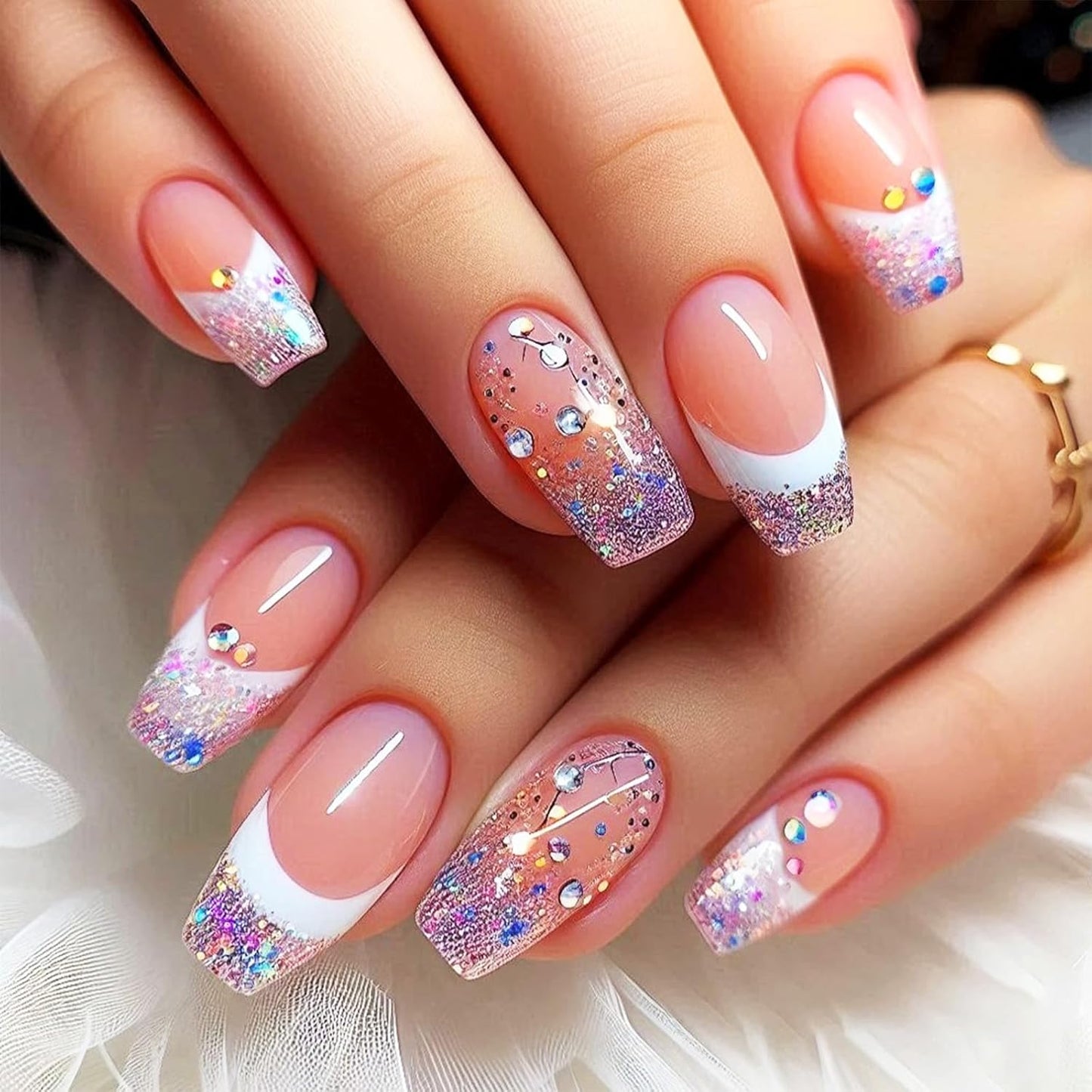 Glossy Purple Glitter French Tip Press-On Nails - Medium Coffin Shape with Rhinestones | 24 Pcs Full Cover Acrylic Set