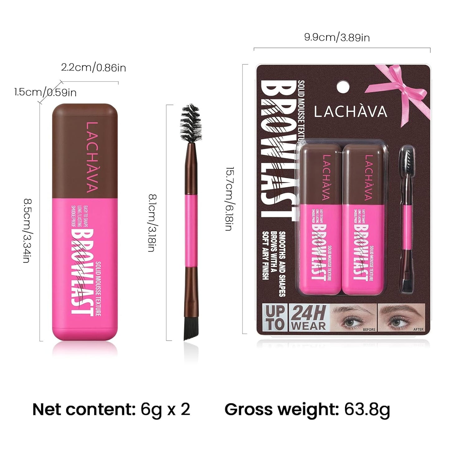 Eyebrow Tint and Setting Mousse Kit - 2 Pack Fluffy Volumizing Brow Gel with Brush | Natural Black