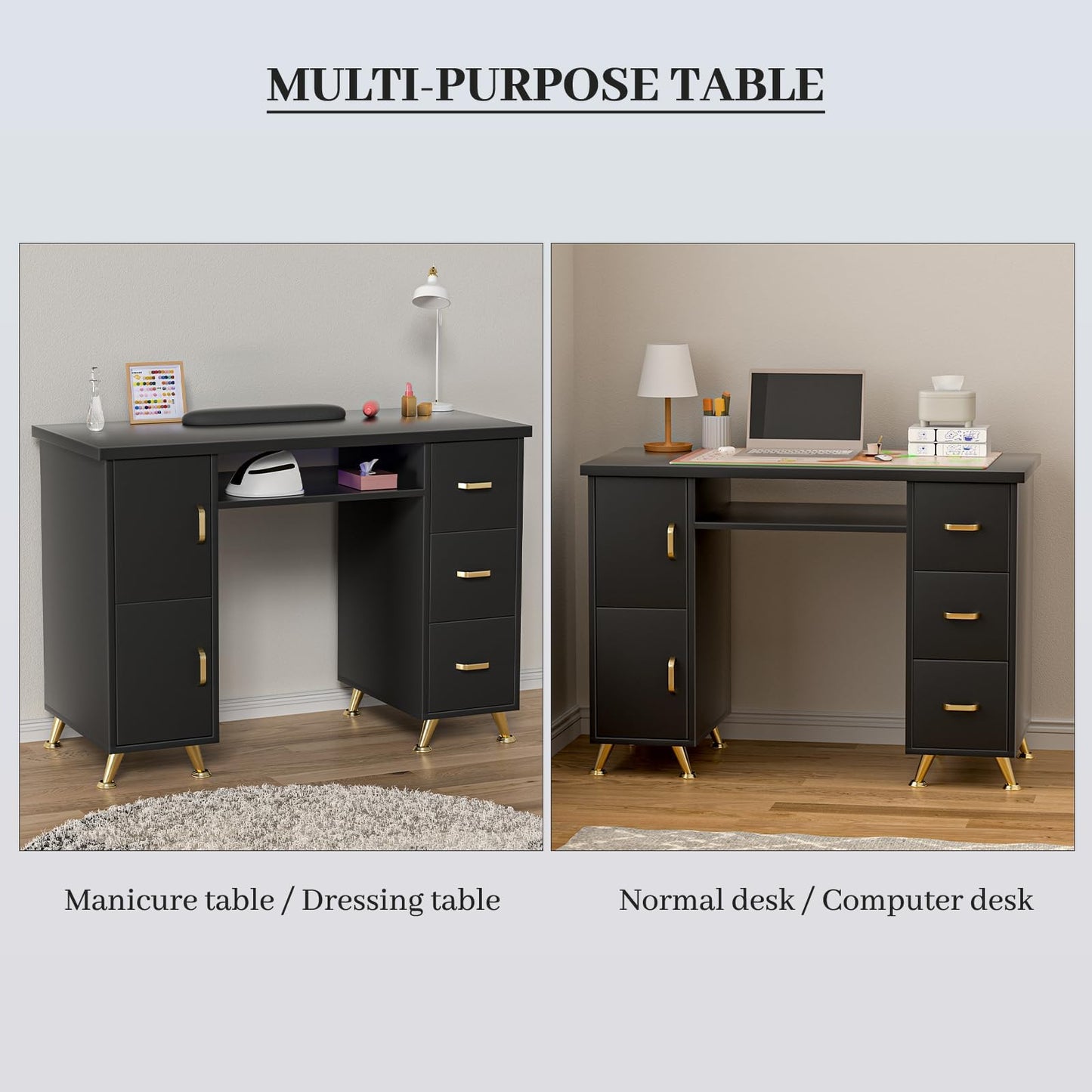 Charmmade Nail Tech Desk with Storage,Acetone-Resistant Manicure Table,Nail Table Beauty Salon Tech Station,3 Drawers,2 Cabinets,Wrist Cushion,Sturdy Metal Legs for Salon,Spa,Home (Black-Gold)