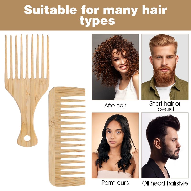 2 PCS Wooden Hair Pick Bamboo Hair Comb Pick for Beard Wide Tooth Comb Beard-Pick No Handle Wide Tooth Wooden Combs for Long Hairs Beard Women Men