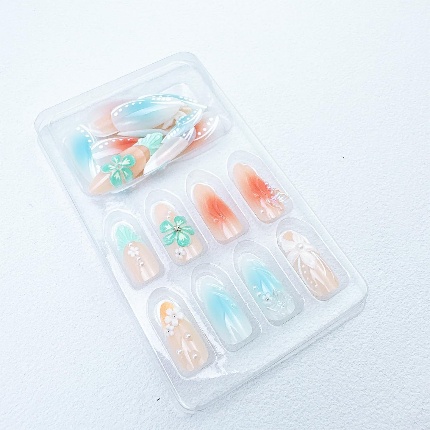 24pcs Summer Press-On Nails | Medium Almond Shape with 3D Flower & Butterfly Designs - Gradient Full Cover Acrylic