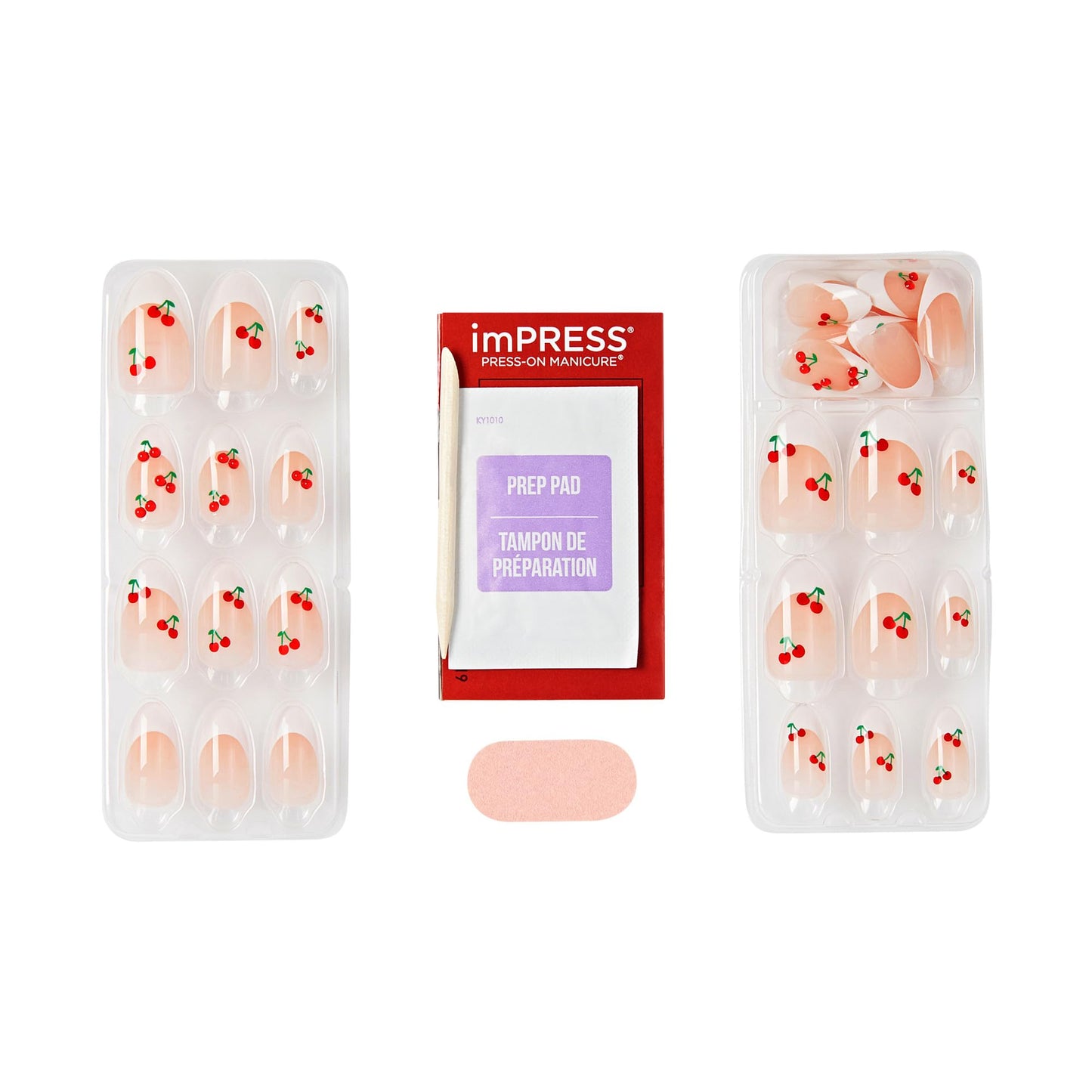 Kiss Impress No Glue Mani Press On Nails, Design, 'Coast', Red, Medium Size, Almond Shape, Includes 30 Nails, Prep Pad, Instructions Sheet, 1 Manicure Stick, 1 Mini File