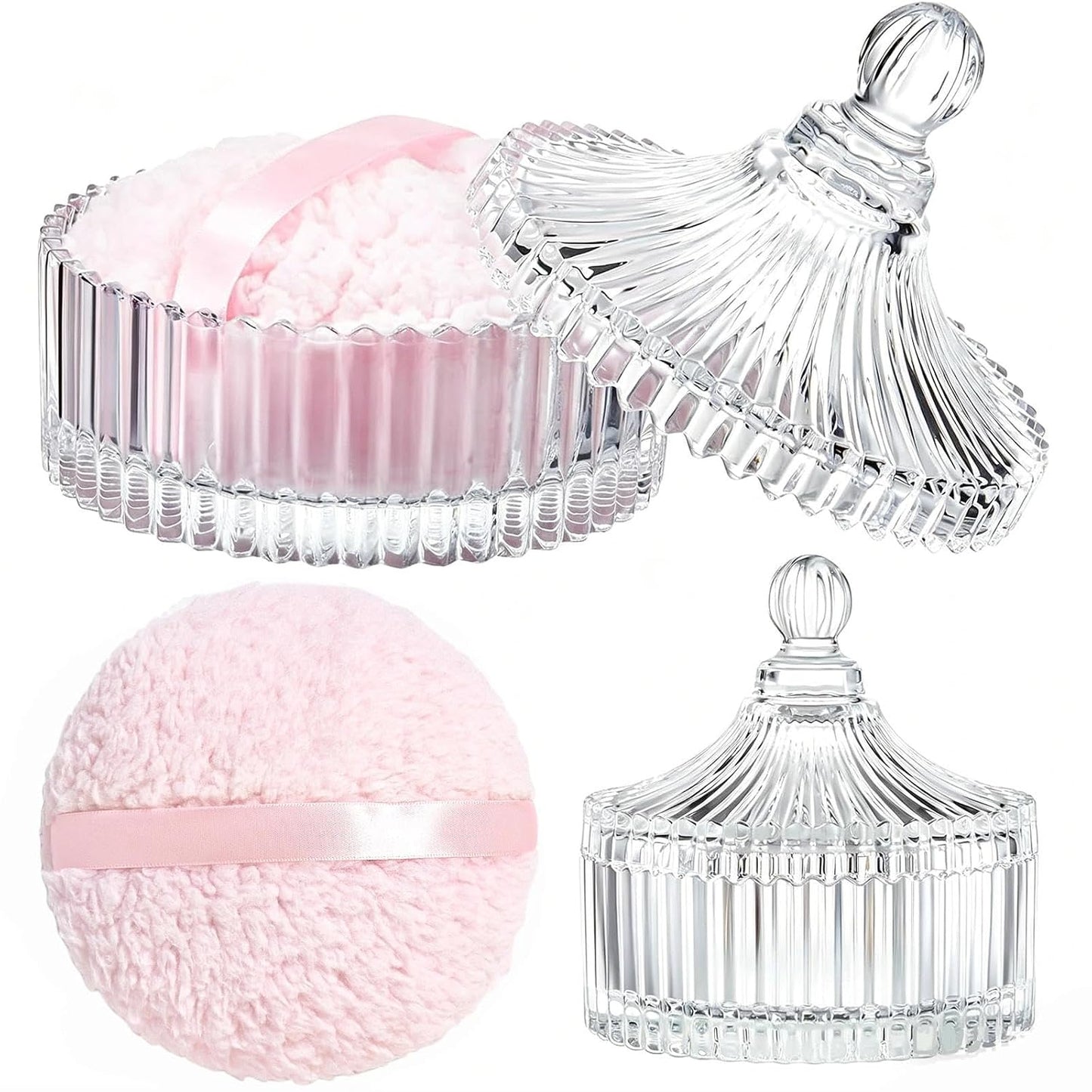 Body Powder Puff with Glass Container - 6'' Soft Washable Velour Puff for Wet & Dry Makeup | Clear Crystal Case