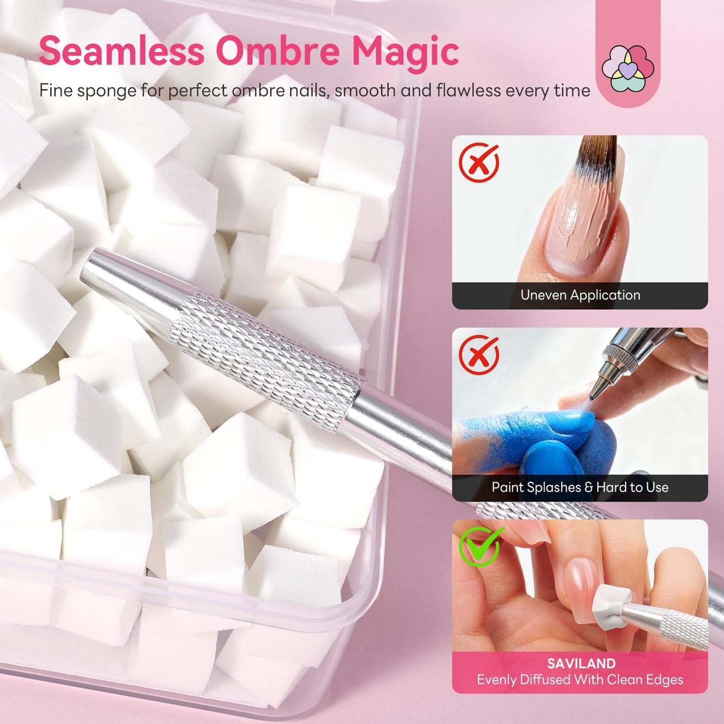 SAVILAND 200PCS Nail Sponges for Ombre: Soft Nail Art Sponges With Grabbing Pen Ombre Sponge French Tip Tool Professional Nail Art Kit Accessories Supplies for Aura Gradient Blooming Nails