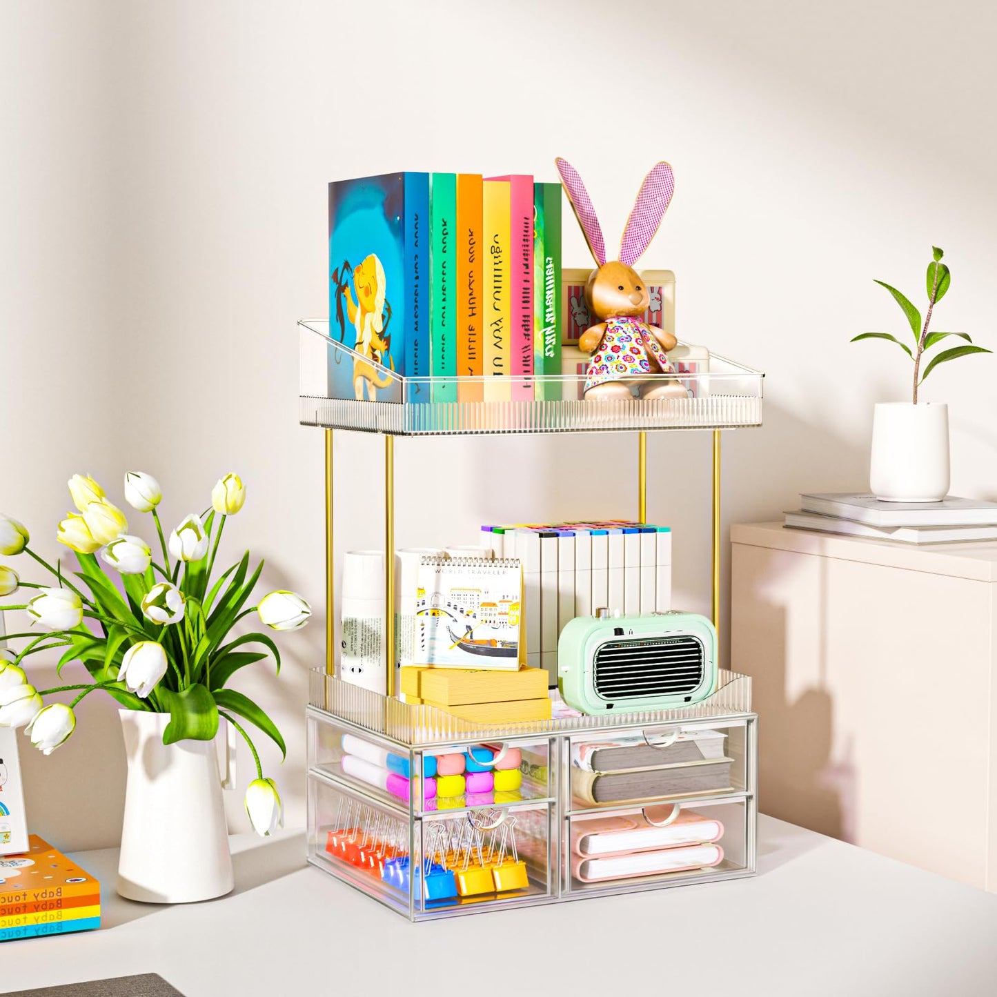 SNSLXH 4 Drawers Makeup Organizer - 4 Tier Makeup Storage, Cosmetics Organiser, Ideal for Cosmetic, with Drawers for Countertop, Bathroom, Office Supplies, Dresser Transparent Clear