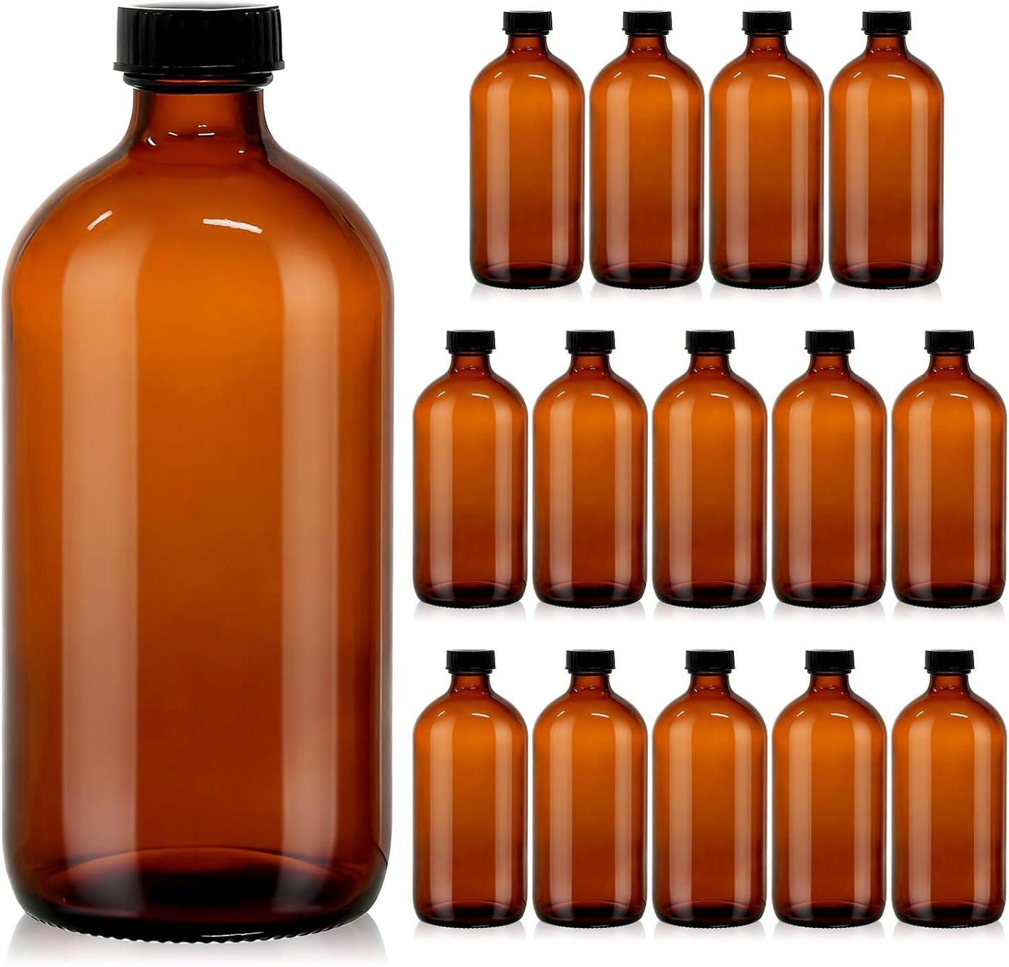 Amber Glass Boston Round Bottles - 16 oz | 15 Pack - Airtight, Leak-Proof for Kombucha, Condiments, Oils