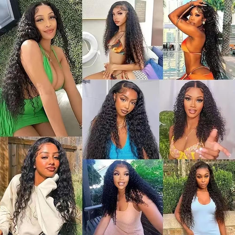 GveoXvo Water Wave Human Hair Bundles Water Wave Bundles Human Hair 14 16 18 Inch Unprocessed Virgin Double Weft Black Bundle Hair Extensions