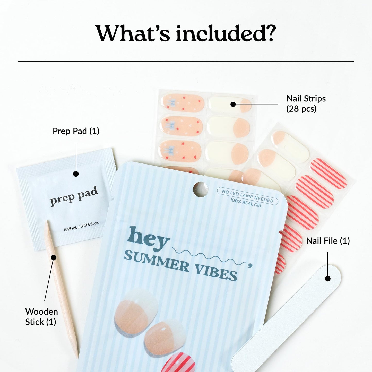 Heyhae Semi Cured Gel Nail Strips | No LED Lamp Needed | Beige, French | Easy Apply & Remove, Salon Quality | Includes 28 Strips, 2 Prep Pads, Nail File & Wooden Stick - Hey, Summer Vibes