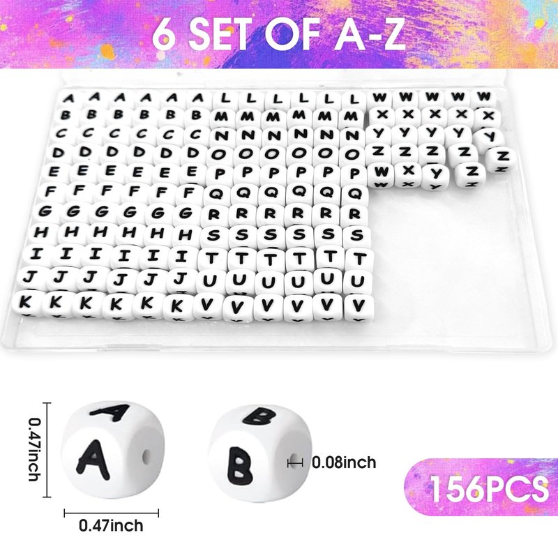 156 Pcs White Silicone Alphabet Beads, 12mm A-Z Square Beads for DIY Jewelry, Keychains, Bracelets, Necklaces & Crafts