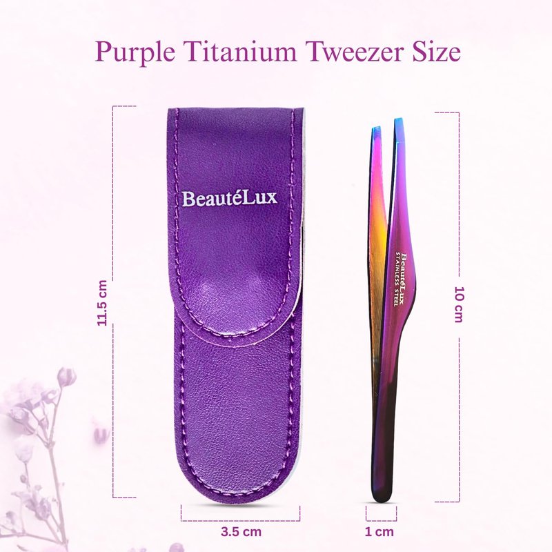 Beautélux Pro Series Purple Titanium Coated Tweezers – Precision Slant Tip Eyebrow Tweezers with Elegant Design, Professional Stainless Steel Hair Removal Tool with Purple Leather Pouch