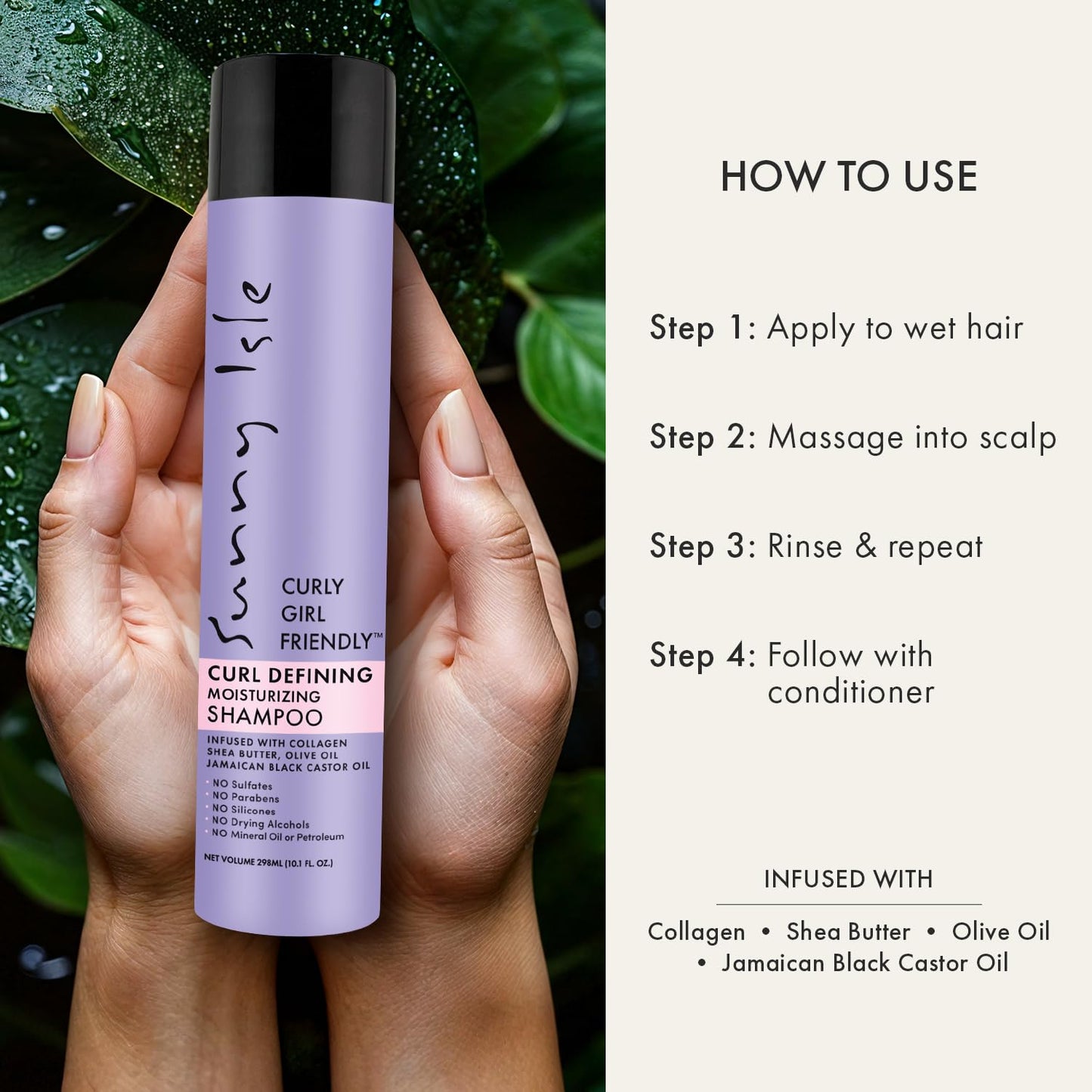 Sunny Isle Curly Girl Friendly Curl Defining Moisturizing Shampoo, Sulfate & Paraben Free Hydrating for Curly, Wavy & Coily Hair (2C–4C), Jamaican Black Castor Oil, Shea Butter & Collagen, 10.1oz