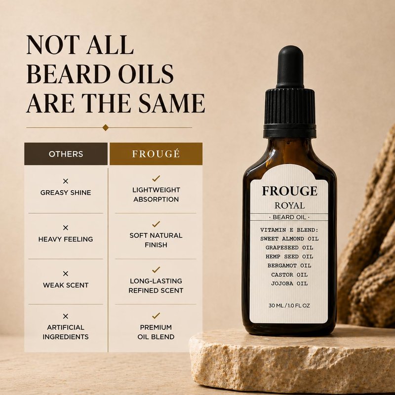 Frouge Beard Oil for Men Growth – Luxury Scented Beard Growth Oil with Argan Oil, Jojoba & Almond Oils – Lightweight Non-Greasy Beard Oil, Softens & Strengthens Beard – 30ml