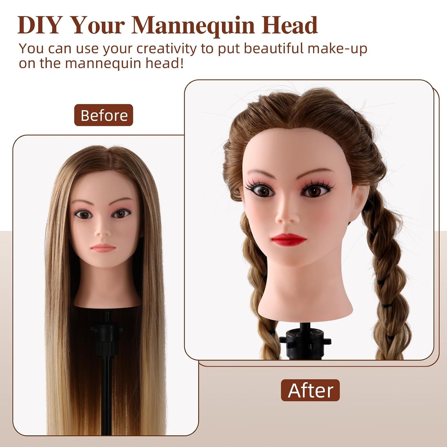 Mannequin Head with Hair - Cosmetology Practice Doll for Hair Styling & Braiding | Includes Table Clamp & DIY Styling Set