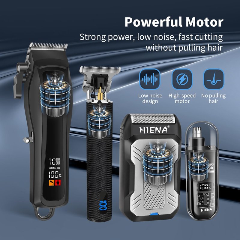 HIENA PRO Cordless Hair Clippers for Men, Professional Barber Kit - Beard Trimmer, Aluminum Foil Shaver, Nose Trimmer, 10 Limit Combs - Fast Charge, Smart LED Display (Clippers/Trimmer)