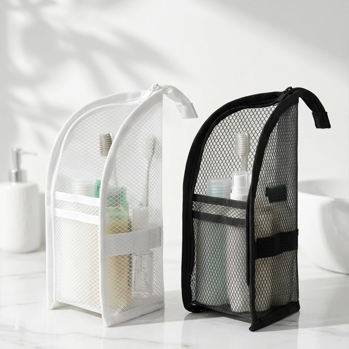 Cyhdddr 2Pcs Standing Toiletry Bag, Upright Travel Toiletry Bag Waterproof Portable Makeup Cosmetic Bag, Translucent Mesh Travel Bag for Toiletries, Standing Makeup Bag