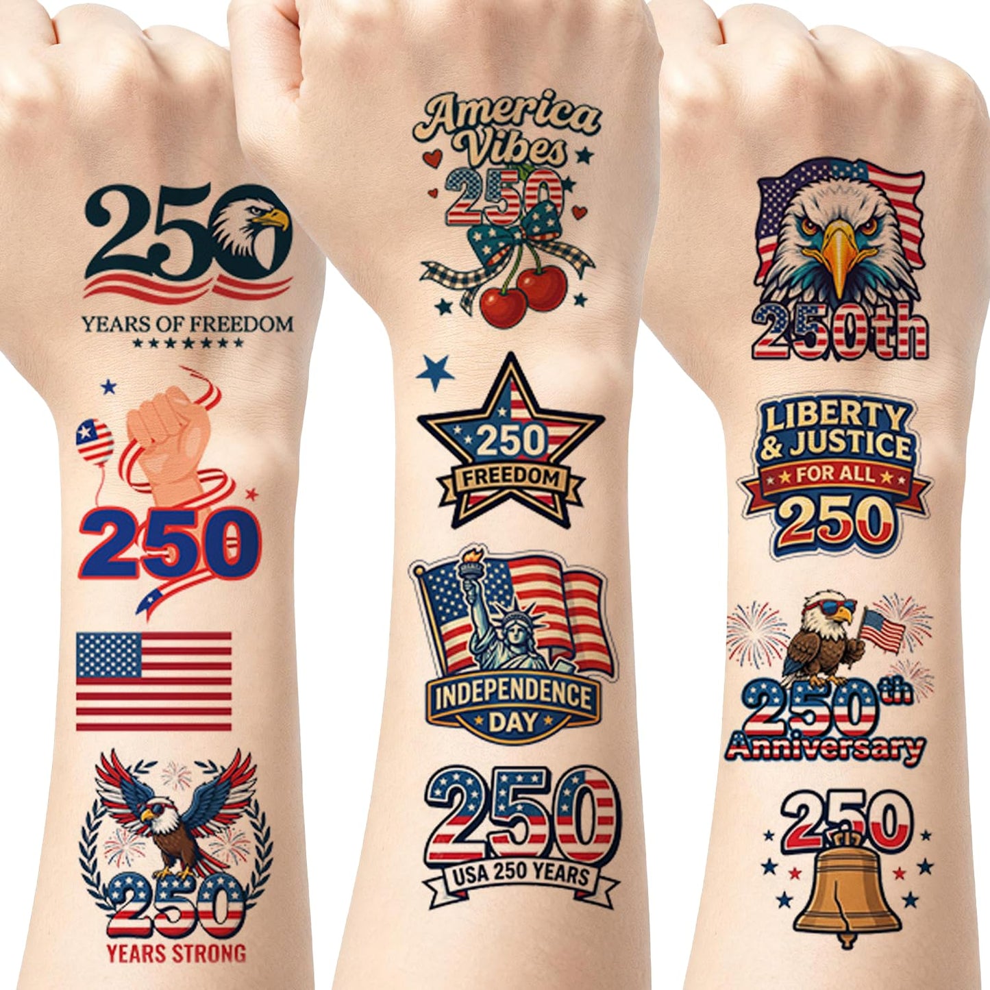 250th Anniversary Temporary Tattoos Set-100 pcs 4th of JulyPatriotic USA 1776–2026 Birthday Tattoos for Adults & Teens,America 250 Decorations Independence Day Party Favors