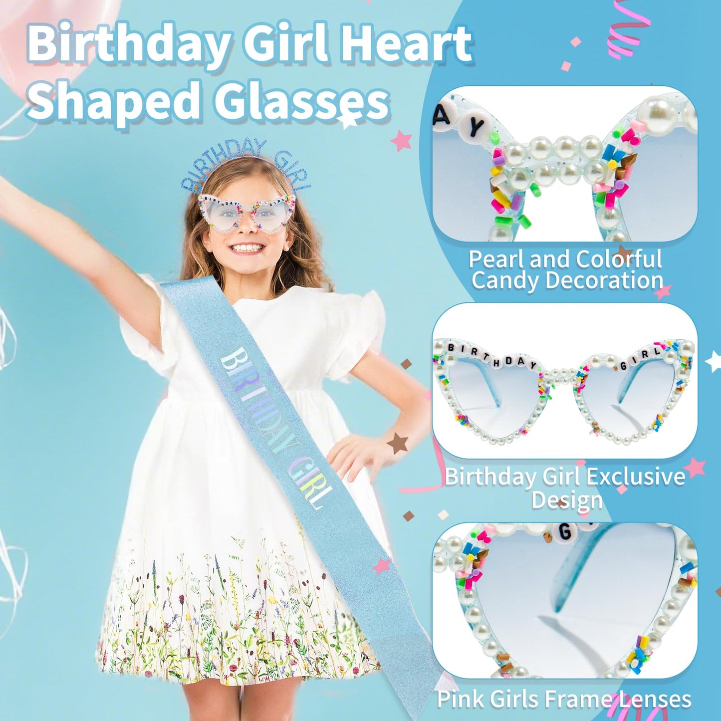 GZJINYUAN 3Pcs Birthday Girl Sash Headband Set- Glitter Sashs Rhinestone Headband Sunglasses, Birthday Sash Accessories for Women Girls (Blue)