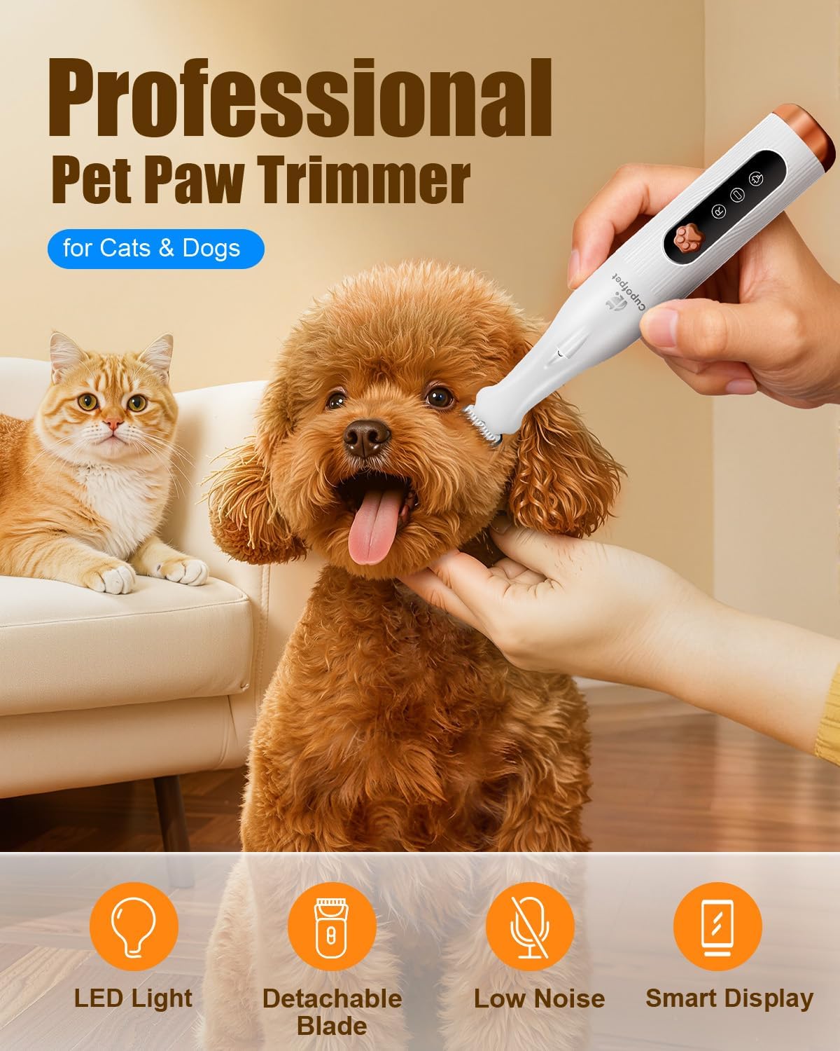 Dog Paw Trimmer - Cordless Precision Grooming Shaver for Small Pets | Low Noise, Ideal for Paws, Ears, Face, and More (White)
