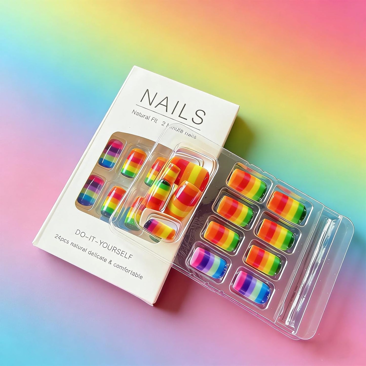 Rainbow Glitter Press-On Nails - Medium Square Colorful Stripes | Glossy Reusable Full Cover Fake Nails for Women - 24 Pcs