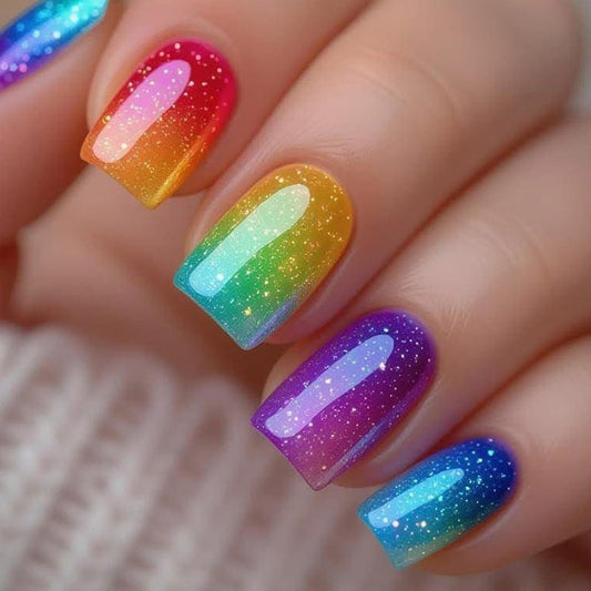 Colorful Press-On Nails - Short Square Acrylic Nails with Gradient Rainbow & White Dots | Full Cover DIY Manicure