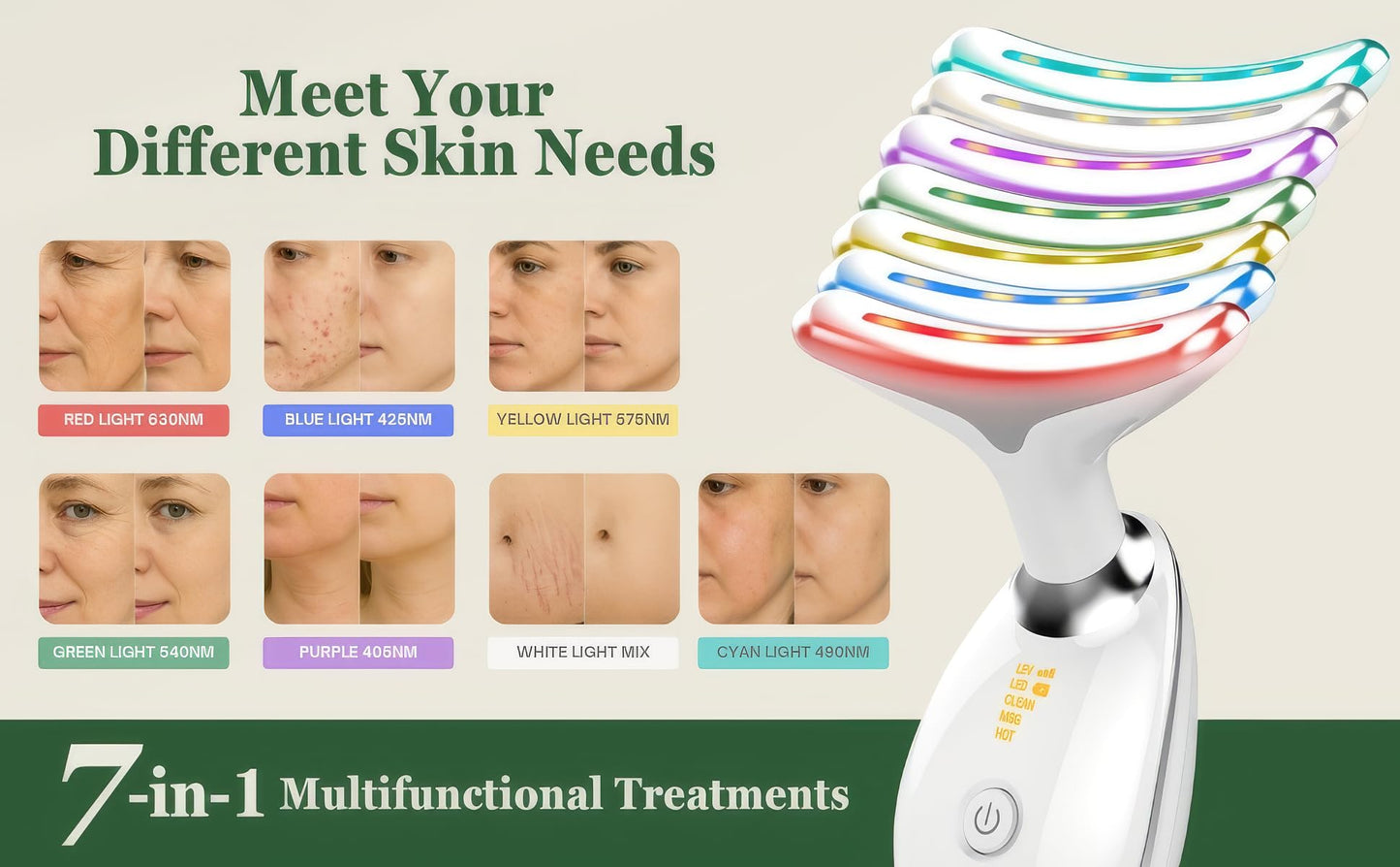 Eden & Elm - Face & Neck Sculpting Massager – 7 Color LED Beauty Tool for Firm-Looking Skin, Jawline Contouring & Daily Lift Routine – Ergonomic Curved Wireless Skincare Device