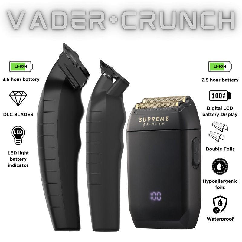 Supreme Trimmer 3-in-1 Barber Kit | Vader Clipper, Vader Trimmer & Crunch Foil Shaver | Men's Professional Beard Trimmer, Brushless Motor Clippers & Waterproof IPX6 Shaver | Black