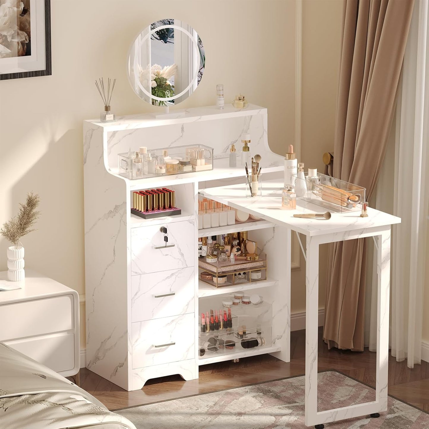 Foldable Nail Desk - Portable L-Shaped Manicure Table with Power Outlets & Lockable Drawer | Professional Home Salon Workstation (Marble)