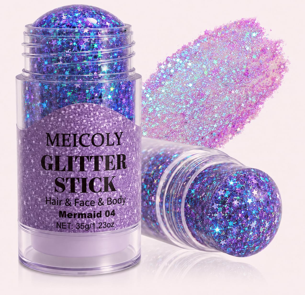 MEICOLY 1.23 OZ Light Purple Face Body Hair Glitter Stick for Women Rave Outfit Accessories, Holographic Mermaid Glitter Stick for Spirit Week Halloween