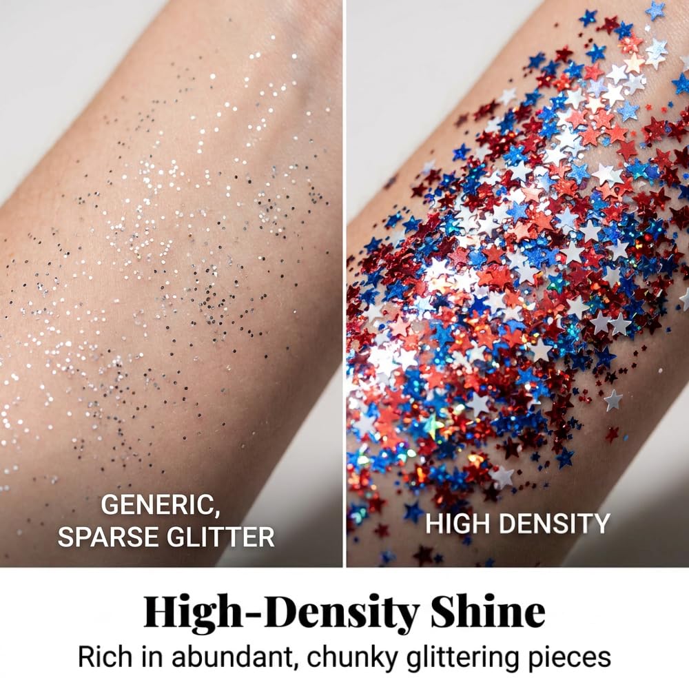 4th of July Glitter Stick, Patriotic Red White and Blue Face Body & Hair Glitter Stick for Women, Independence Day 3-in-1 Waterproof, Self-Adhesive Sparkle Gel for 250th Anniversary (#1)
