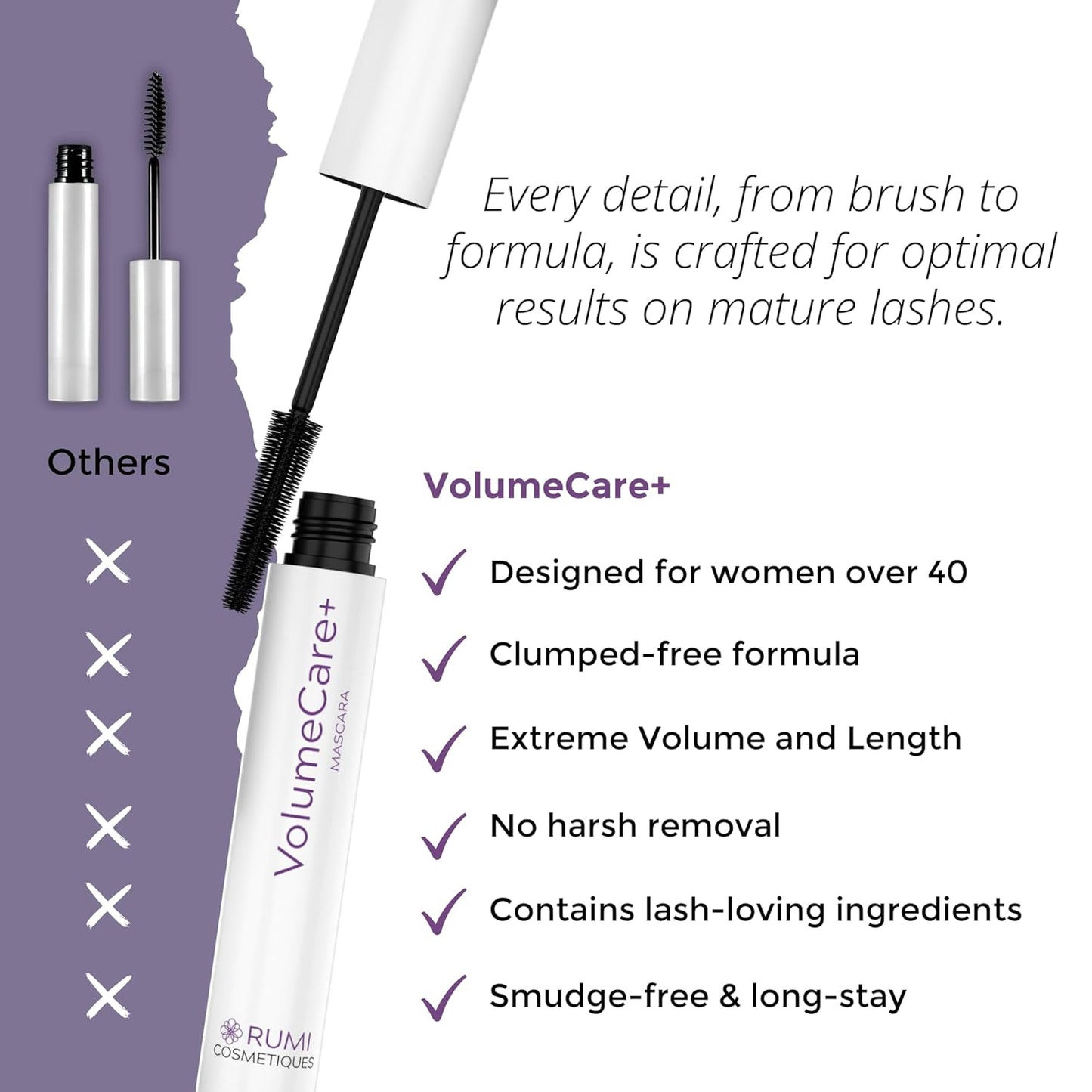 VolumeCare+ Mascara for Mature Women - Extreme Length & Volume 2-in-1 Formula | Hypoallergenic, No Clumps, Natural Black